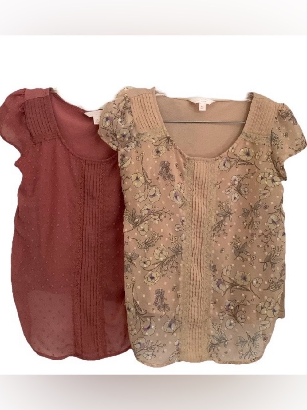 Lauren Conrad Lot (2) Blouse Short Sleeve Lace Sheer Overlay Pink Floral Sz XS